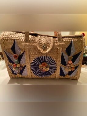 Vintage Mexico Hand Woven Straw Raffia Wicker Beach Tote Market Bag Purse Summer